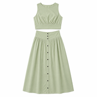 Ensemble jupe courte 2 pièces pour femme, décontracté, été, uni, 100% lin, sans manches, taille haute, boutonné devant, respirant, jupe au genou, tendance