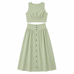 Ensemble jupe courte 2 pièces pour femme, décontracté, été, uni, 100% lin, sans manches, taille haute, boutonné devant, respirant, jupe au genou, tendance - Product Image 3
