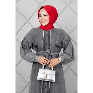 Robe en jean décontractée avec détails de franges sur le devant en fumée avec décoration à motifs - Product Image 5