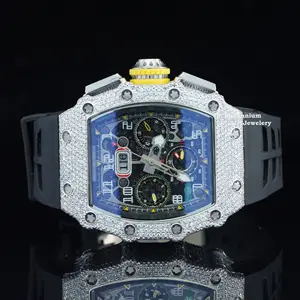 럭셔리 브랜드 아이스 아웃 모이사나이트 시계 래퍼 힙합 바스트 다운 시계 남성용 고무 벨트 시계 패스 다이아몬드 테스터