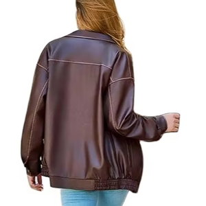 Blouson aviateur en simili cuir vintage surdimensionné pour femmes pour le printemps et l'automne - Product Image 5