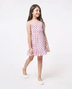 Vestido Práctico y Bonito para Chicas, con Estampado Floral, Tirantes Finos, Corte en A, Mini, Sin Mangas, de Algodón y Chifón, con Volantes, Estilo Veraniego - Product Image 1