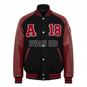 Veste universitaire en laine grise pour homme avec manches en cuir marron, logo brodé A 18 sur le devant, style preppy, vêtement d'automne - Product Image 6