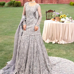 BRIDAL-KURTA WITH TRAIL-LEHENGA & <b>DUPATTA</b> DRESS WITH EMBELLISHED BEAUTIFUL CRYSTAL GLASS BEADS,STONE,DABKA WORK for WEDDING=2024 - Product Image 1