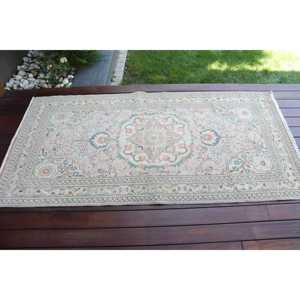 พรมสไตล์วินเทจตุรกี ขนาด 3x6 ฟุต สีขาวน้ำเงิน พรมขนสัตว์แท้ - Product Image 3