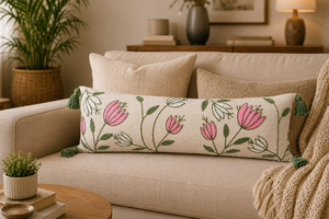 Funda de Almohada Lumbar de Algodón Bordada a Mano con Tulipanes Rosas, Decorativa, Larga, con Borlas, para Sofá - Product Image 5
