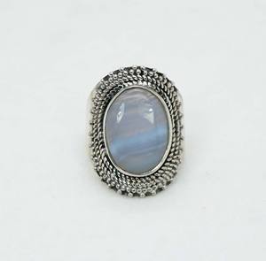 925 argent sterling massif mai mois pierre de naissance bleu dentelle agate avec lunette réglage bague de forme ovale - Product Image 1