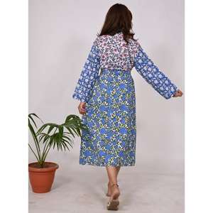 Handmade Cotton Women's Bohemian Bathrobe Eco-Friendly Patchwork Block Print Washable Floor-Length <b>Kimono</b> Robe Natural Waistline - Product Image 5