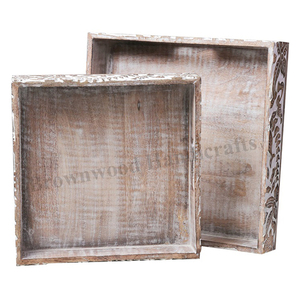 Plateau de forme rectangulaire en bois de conception unique sculpté à la main plateau de service décoratif en bois de manguier de l'exportateur indien - Product Image 5