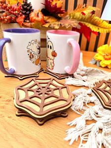 Spooky Spiderweb Coaster Set for Halloween <b>Table</b> <b>Protection</b> Stylish Decor Crafted in Premium Wood Material - Product Image 3