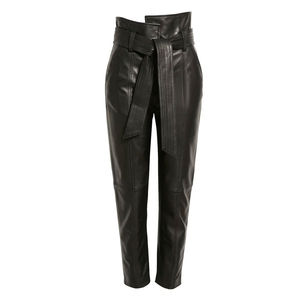 Pantalon pour femme en cuir véritable avec taille élastique, coupe droite, devant plat, tissu en toile, saison hivernale - Product Image 1