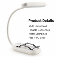 Lampe de lecture LED rechargeable avec batterie 500 mAh, 3 modes de couleur, 5 niveaux de luminosité et pince flexible col de cygne