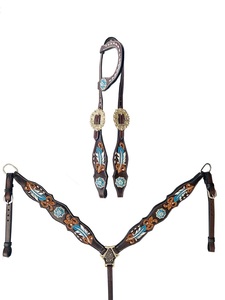 100% ensemble de têtière occidentale en cuir de haute qualité avec collier de poitrine de luxe Haid peint plume de sarcelle bride de cheval équestre - Product Image 1