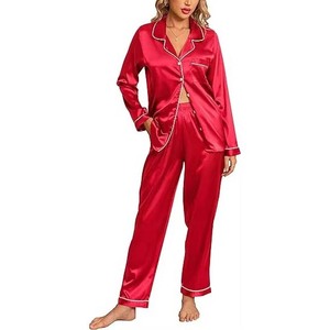 Venta al por mayor cuello vuelto transpirable manga larga Loungewear seda satén personalizado ligero elegante pijamas para mujer ropa de dormir - Product Image 2