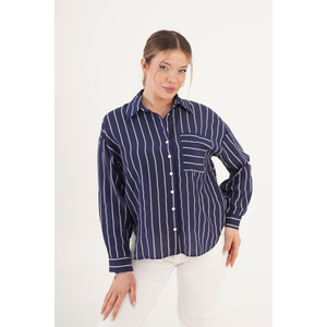 LUSTRIN Women's Draped Double Striped Indigo Wholesale Shirt with Pockets - Comfortable Modal Blend <b>Blouse</b> for Boutiques - Product Image 2