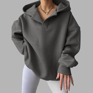 Sudadera con capucha de gran tamaño con cuello en V y forro polar clásico para mujer, sudadera transpirable de talla grande, ropa de invierno con bolsillo práctico - Product Image 4