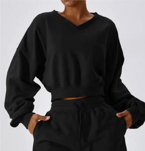 Women's Custom Logo Streetwear Gym Hoodie Set <b>Long</b> Knitted Crop Top Front Logo <b>Ladies</b> Casual <b>Sweatshirt</b> Pullover Crop Hoodie - Product Image 5