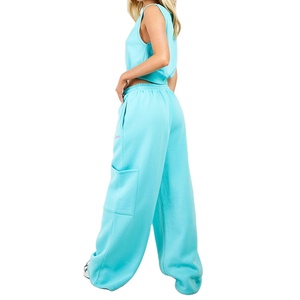 Top corto sin mangas en blanco de lana de algodón 100% de alta calidad, conjuntos de mujer con bolsillos laterales sueltos, pantalón Cargo, conjunto de chándal de 2 piezas para mujer - Product Image 2