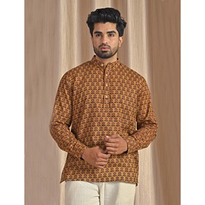 Kurta décontracté pour homme en coton imprimé à manches longues couleur moutarde respirant coupe courte - Product Image 3