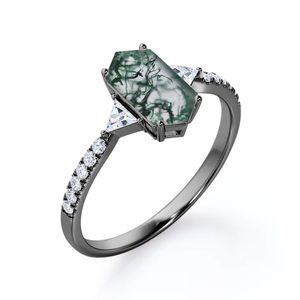 Anillo de compromiso de plata de ley 1,15 hexagonal de 925 quilates personalizado con ágata musgo y moissanita Trilogía clásica para bodas - Product Image 4