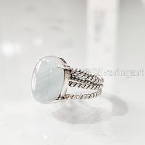 Bague pour femme aigue-marine naturelle pierre précieuse mars pierre de naissance 3 bande bohème torsadée bijoux faits à la main bague en argent Sterling 925 - Product Image 1