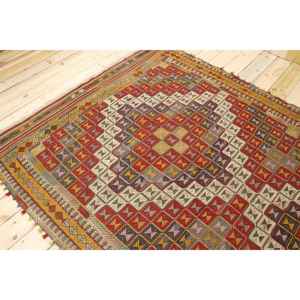 Tapis turc, tapis vintage 5,8x9,7 pieds, tapis en laine abstrait rouge et bleu - Product Image 4