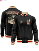 Maßgefertigte Marineblaue Vintage USA-Flagge Kastanienbraune Bomber-Varsity-Letterman-Jacke Zweifarbige Knopfleiste Stehkragen Stickerei 100% Baumwolle