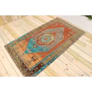 Alfombra Turca Vintage de 3.9x7 pies, Ecológica, Tradicional, con Parches, Base de Látex, Color Naranja y Azul Degradado, de Lana - Product Image 1