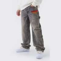 Vaqueros OEM de mezclilla sólida con estampado bordado, personalizados para hombre, de corte relajado, pierna recta, estilo casual urbano, transpirables, holgados, estilo hip hop.