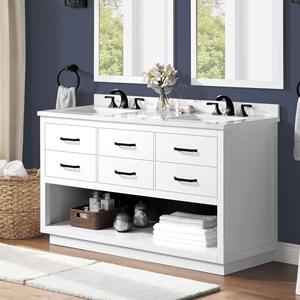 Lavabo moderne blanc <span class=keywords><strong>de</strong></span> 60 pouces avec <span class=keywords><strong>miroir</strong></span>, meuble pour <span class=keywords><strong>salle</strong></span> <span class=keywords><strong>de</strong></span> bain à double vasque avec comptoir en marbre, armoire murale en bois MDF - Product Image 2