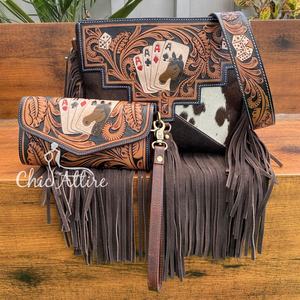 Wholesale New Arrival Hand Tooled Genuine Cowhide Leather Card <b>Design</b> Fringe Shoulder <b>Bag</b> & Wristlet Wallet 2 Piece Women's Set - Product Image 1