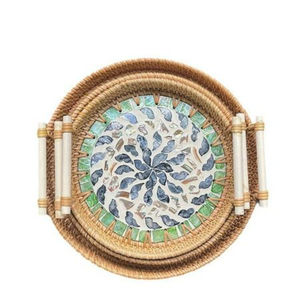Plateau de service en rotin fait à la main élégant Floral nacre incrustation plateau décoratif tissé écologique pour cuisine maison pour la restauration - Product Image 2
