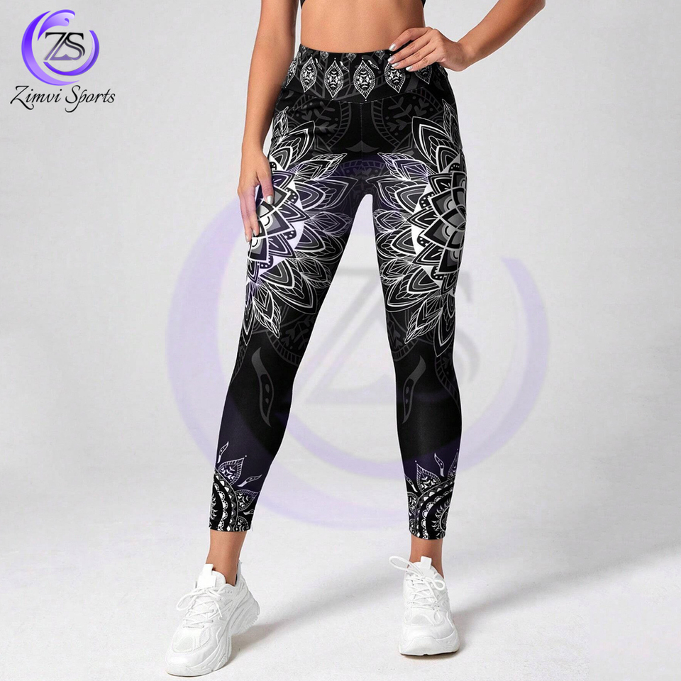 2025 Eco Friendly Soft Touch Material Outer Wear Sport Studio Mandala Print Yoga Leggings Wideband Waist Gym Leggings