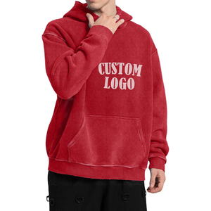 Sudadera con capucha de gran tamaño Unisex con logotipo personalizado de moda Jersey rojo vintage con bolsillo de canguro Sudadera con capucha de lavado ácido con hombros caídos - Product Image 3