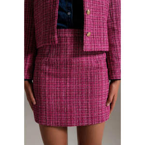 Minifalda de Tweed Rosa con Cintura Imperio de Satén, Botones y Decoración de Plumas, Estampado Vintage, Estilos Lápiz y Cruzado, Talla XS para el Trabajo - Product Image 4