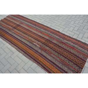 Kilim Vintage Rug, 3.6x9.4 ft Turkish Rug, <b>Red</b> Ikat <b>Wool</b> Rug - Product Image 4