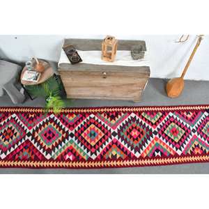 Vintage Turkish Kilim <b>Red</b> Rug 2.8x12ft Large Area Wool with <b>Latex</b> Backing Patchwork Pattern for Hallway or Teen Room - Product Image 5