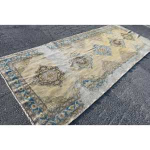 Alfombra de lana hecha a mano clásica Beige azul de 5x12,5 pies, respaldo de látex rectangular de retazos de estilo turco para sala de estar, dormitorio, felpa de piel - Product Image 2