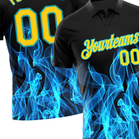 Camiseta Polo Sublimada Personalizada con Diseño de Llamas Azules, Nombre y Número del Equipo, Ropa Deportiva con Estampado Personalizado