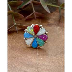 Anillo de Sello Zuni Hecho a Mano con Incrustaciones de Piedras Múltiples y Plata de Ley Invisible, Bañado en Rodio, Estilo Moderno, Talla 7.5, Regalo - Product Image 1