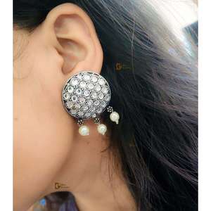 Stone Work Oxidised <b>Silver</b> Stone Work Round <b>Stud</b> Earrings for Casual Party Wear Handmade Bulk Product - Product Image 1