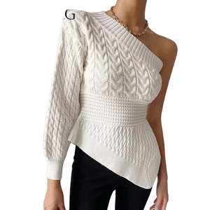 Pull pour femme vintage fait main, respirant et chaud, style coréen, col à nœud, logo frontal, design asymétrique épaules dénudées pour l'automne - Product Image 2