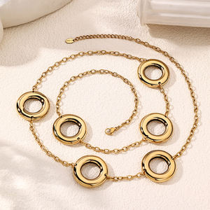 Perhiasan POP kalung panjang wanita, liontin lingkaran rongga berlapis emas Stainless Steel trendi tidak pudar tidak alergi - Product Image 1