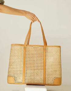 Sac fourre-tout en rotin tendance avec sangle en cuir, sacs à main en sangle de canne en gros - Product Image 6