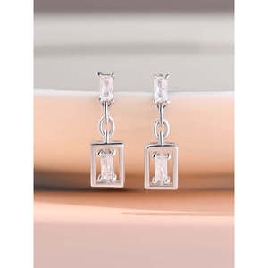 Women's Sterling <b>Silver</b> AAA Grade American Diamond Look Trendy Heart Geometric Pattern <b>Dangle</b> <b>Earrings</b> for Weddings & Parties - Product Image 2