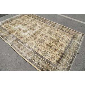 พรมตุรกีขนาด 6.2x9.7 ฟุต พรมวินเทจขนาดใหญ่ พรมลายตารางสีเบจน้ำตาล - Product Image 4