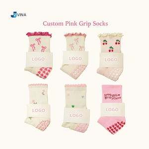 Chaussettes de Pilates antidérapantes en coton personnalisées, bleu pastel clair, vert, rouge, rose, marron, motif floral mignon, pour bébé, femme, vente en gros - Product Image 2