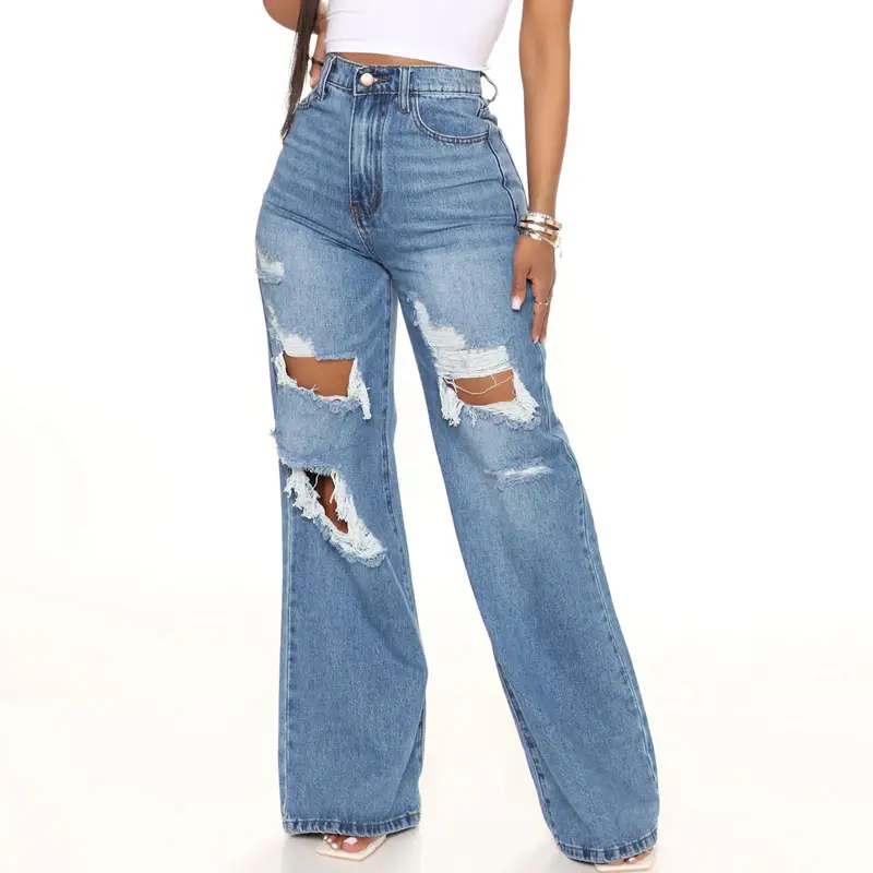 Custom premium ripped straight leg jeans women high waist distressed vintage baggy boyfriend jeans