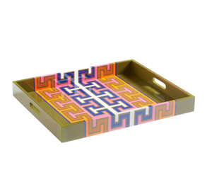 Plateau de service rectangulaire en laque de qualité supérieure avec motif géométrique multicolore et poignées latérales, présentoir décoratif fabriqué au Vietnam - Product Image 1