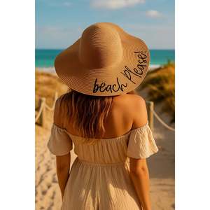 Beach Please Embroidered Camel Straw <b>Hat</b> Hsr2029 - Camel - Product Image 2